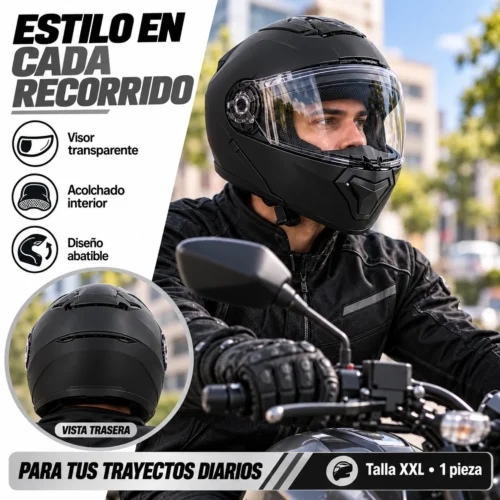 CASCO PARA MOTOCICLISTA ABATIBLE NEGRO MATE DOBLE EXTRA GRANDE (Pieza)