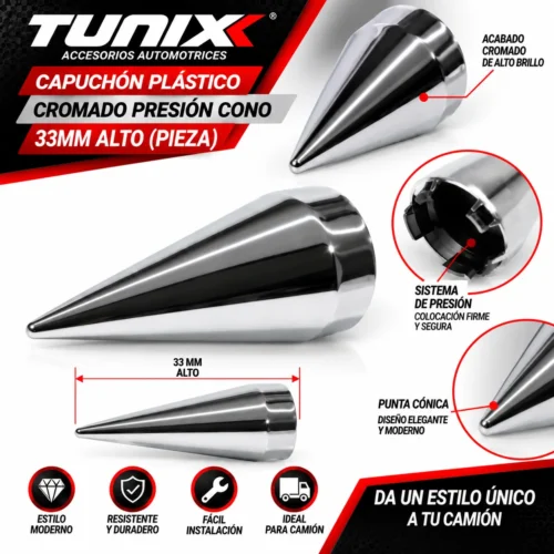 CAPUCHÓN PLÁSTICO CROMADO PRESION CONO 33MM ALTO (PIEZA)