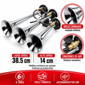 CORNETA DE AIRE TRIPLE PARA CAMIÓN CROMADA 6 TONOS (PAR)