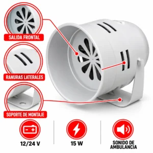 CORNETA DE AIRE C/COMPRESOR SONIDO SIRENA 12/24V 115 10 dB 15W SONIDO DE AMBULANCIA (PZA)