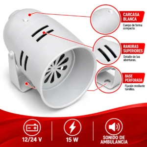 CORNETA DE AIRE C/COMPRESOR SONIDO SIRENA 12/24V 115 10 dB 15W SONIDO DE AMBULANCIA (PZA)