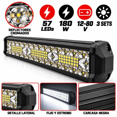 FARO TIPO BARRA DE 57 LEDS, 3 SETS, FIJO Y ESTROBO, 180W,12-80V (PIEZA)