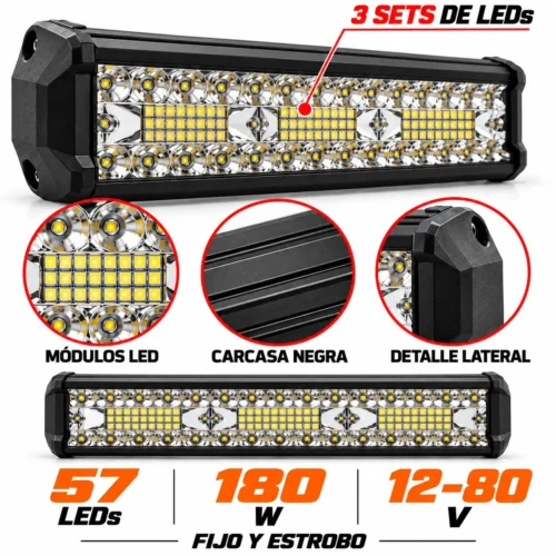 FARO TIPO BARRA DE 57 LEDS, 3 SETS, FIJO Y ESTROBO, 180W,12-80V (PIEZA)