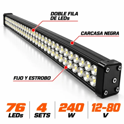FARO TIPO BARRA DE 76 LEDS, 4 SETS, FIJO Y ESTROBO, 240W, 12-80V (PIEZA)