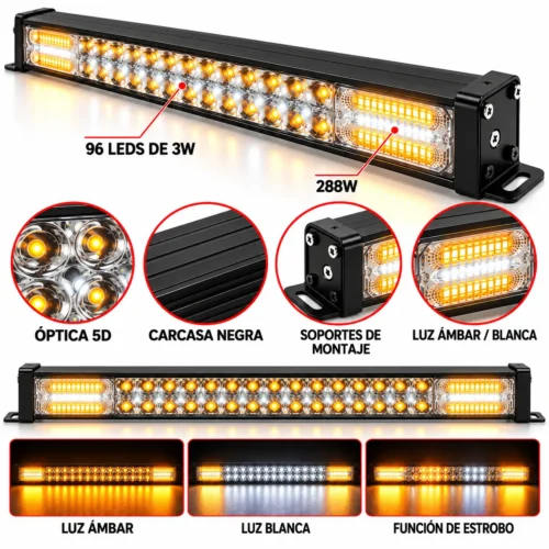FARO BICOLOR AMBAR-BLANCO CON ESTROBO DE 96 LEDS DE 3W, 5D, 288W (PIEZA)