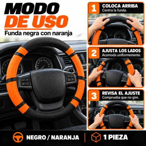 FUNDA PARA VOLANTE MEDIANA DE 38 CM DE COLOR NEGRO CON NARANJA. (PIEZA)