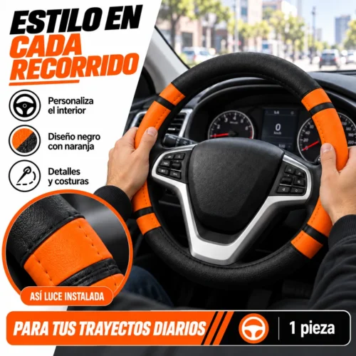 FUNDA PARA VOLANTE MEDIANA DE 38 CM DE COLOR NEGRO CON NARANJA. (PIEZA)