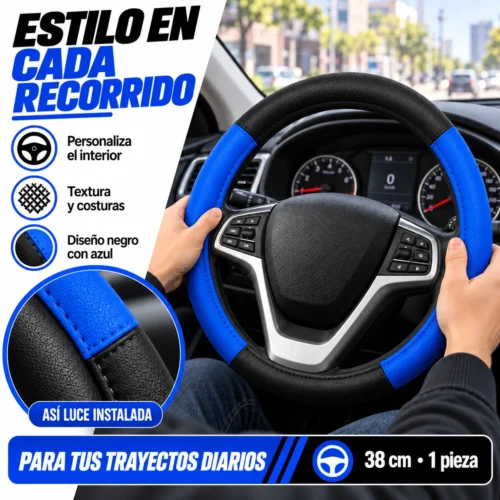 FUNDA PARA VOLANTE MEDIANA DE 38 CM DE COLOR NEGRO CON AZUL. (PIEZA)