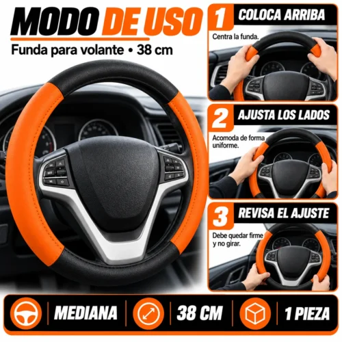 FUNDA PARA VOLANTE MEDIANA DE 38 CM DE COLOR NEGRO CON NARANJA. (PIEZA)