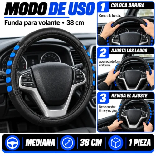 FUNDA PARA VOLANTE MEDIANA DE 38 CM NEGRA DEDOS MARCADOS DE COLOR AZUL (PIEZA)