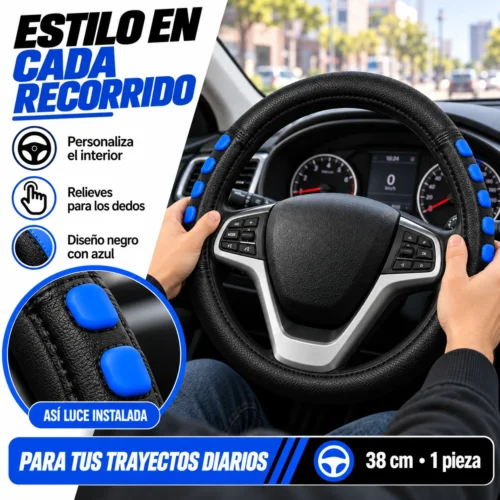 FUNDA PARA VOLANTE MEDIANA DE 38 CM NEGRA DEDOS MARCADOS DE COLOR AZUL (PIEZA)