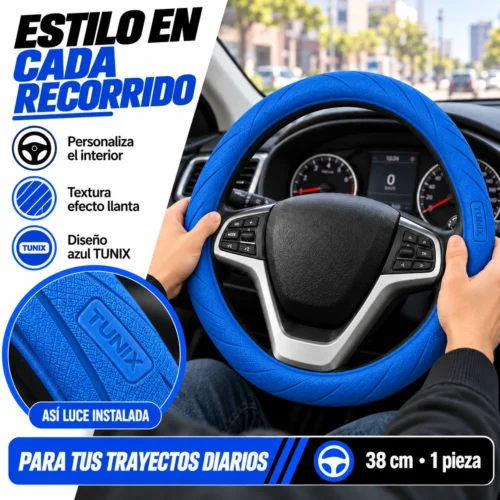 FUNDA PARA VOLANTE MEDIANA DE 38 CM CON EFECTO LLANTA CON LOGO TUNIX AZUL (PIEZA)