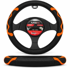 FUNDA PARA VOLANTE  MEDIANA DE 38 CM NEGRA CON LATERALES VENTILADOS CON MOÑO NARANJA (PIEZA)