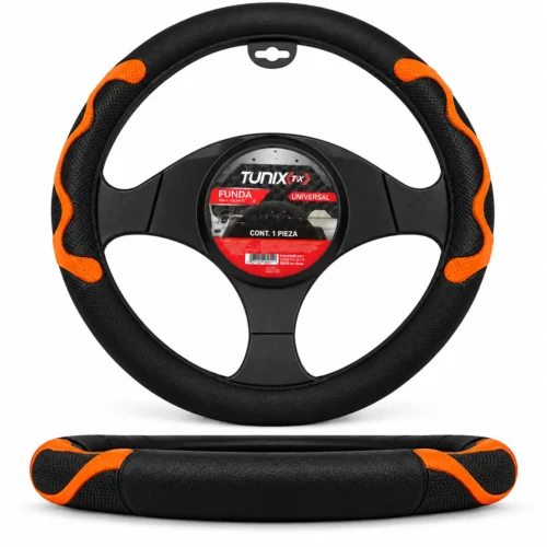 FU-3-427NO-1 FUNDA PARA VOLANTE MEDIANA DE 38 CM NEGRA CON LATERALES VENTILADOS CON MOÑO NARANJA (PIEZA)