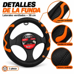 FUNDA PARA VOLANTE  MEDIANA DE 38 CM NEGRA CON LATERALES VENTILADOS CON MOÑO NARANJA (PIEZA)