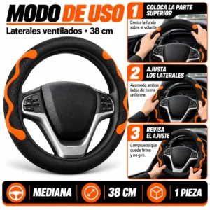 FUNDA PARA VOLANTE  MEDIANA DE 38 CM NEGRA CON LATERALES VENTILADOS CON MOÑO NARANJA (PIEZA)