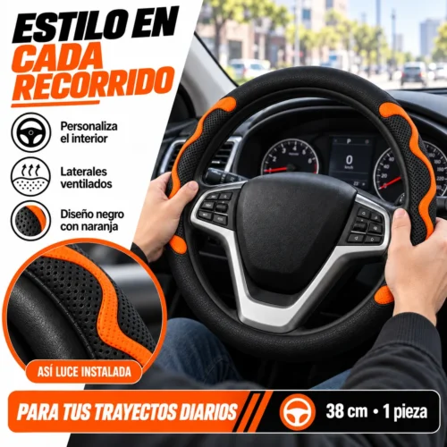FUNDA PARA VOLANTE  MEDIANA DE 38 CM NEGRA CON LATERALES VENTILADOS CON MOÑO NARANJA (PIEZA)