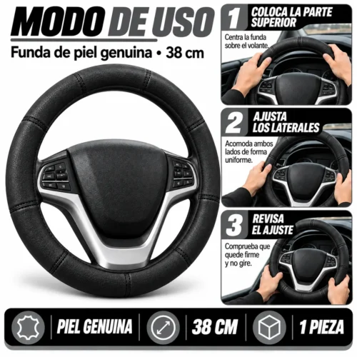 FUNDA PARA VOLANTE DE PIEL GENUINA MEDIANA DE 38 CM CON 6 SECCIONES NEGRA (PIEZA)