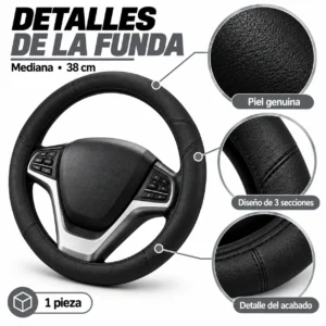 FUNDA PARA VOLANTE DE PIEL GENUINA MEDIANA DE 38 CM CON 3 SECCIONES NEGRA. (PIEZA)