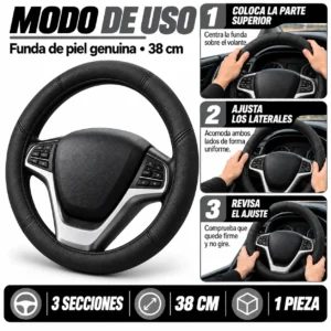 FUNDA PARA VOLANTE DE PIEL GENUINA MEDIANA DE 38 CM CON 3 SECCIONES NEGRA. (PIEZA)