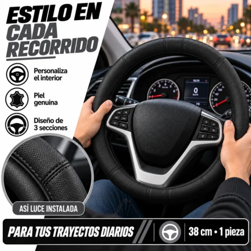 FUNDA PARA VOLANTE DE PIEL GENUINA MEDIANA DE 38 CM CON 3 SECCIONES NEGRA. (PIEZA)