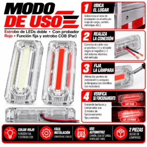 ESTROBO DE  LEDS DOBLE CON PROBADOR ROJO, FUNCIÓN FIJA Y ESTROBO COB" (PAR)