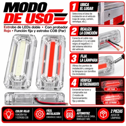 ESTROBO DE  LEDS DOBLE CON PROBADOR ROJO, FUNCIÓN FIJA Y ESTROBO COB" (PAR)