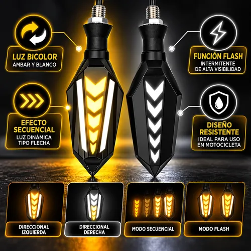LAMPARA DIRRECCIONAL BICOLOR PARA MOTO C/24 LED FLECHAS TIPO GEL FLASH Y SECUENCIAL (PAR)