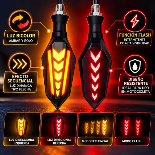 LAMPARA DIRRECCIONAL BICOLOR PARA MOTO C/24 LED FLECHAS TIPO GEL FLASH Y SECUENCIAL (PAR)
