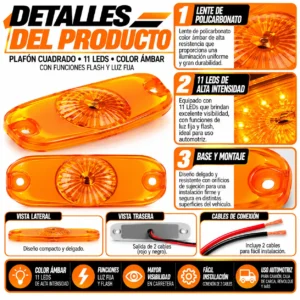 PLAFON CUADRADO CON 11 LEDS AMBAR 10 x 4.9 cm. CON FUNCIONES FLASH Y LUZ FIJA. 10 PIEZAS POR BOLSA. (BOLSA 10 PZA)