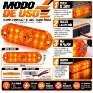 PLAFON CUADRADO CON 11 LEDS AMBAR 10 x 4.9 cm. CON FUNCIONES FLASH Y LUZ FIJA. 10 PIEZAS POR BOLSA. (BOLSA 10 PZA)