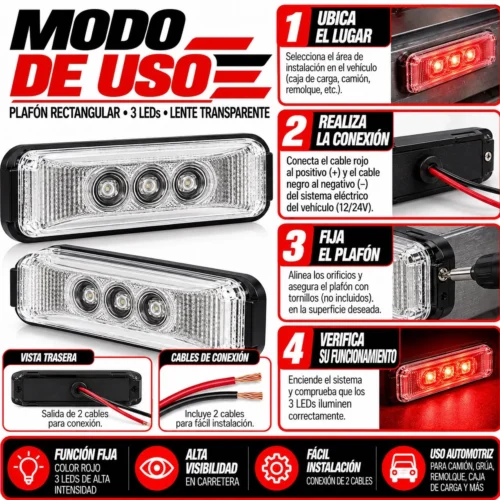 PLAFON RECTÁNGULAR 3 LEDS 12/24 C/ FIJO ROJO 10.3*3.4cm*2.8 cm FUNCIÓN FIJA (PAR)