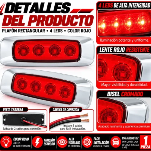 PLAFON RECTANGULAR CON 4 LEDS, BISEL CROMADO Y FUNCIÓN DE ESTROBO ROJO (PIEZA)