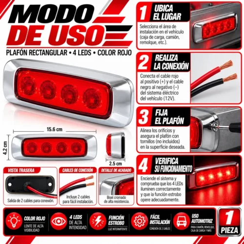 PLAFON RECTANGULAR CON 4 LEDS, BISEL CROMADO Y FUNCIÓN DE ESTROBO ROJO (PIEZA)