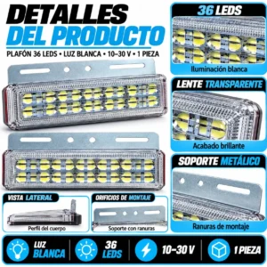 PLAFON CUADRADO 36 LEDS CON GEL MULTIFUNCIONES 10-30V BLANCO 12.5 X 10 CM (PIEZA)