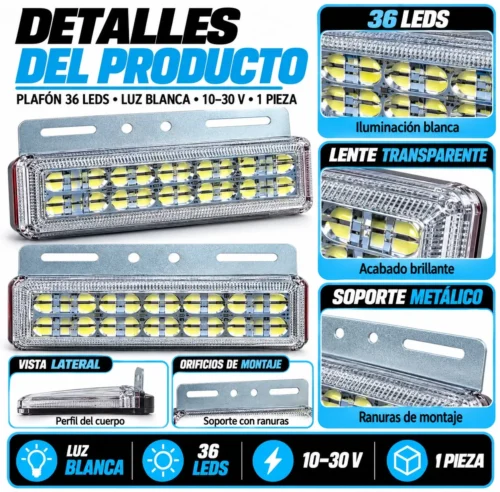 PLAFON CUADRADO 36 LEDS CON GEL MULTIFUNCIONES 10-30V BLANCO 12.5 X 10 CM (PIEZA)