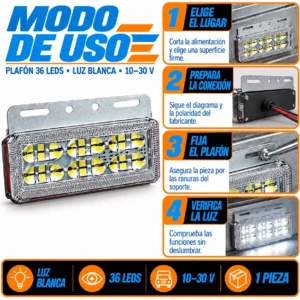 PLAFON CUADRADO 36 LEDS CON GEL MULTIFUNCIONES 10-30V BLANCO 12.5 X 10 CM (PIEZA)