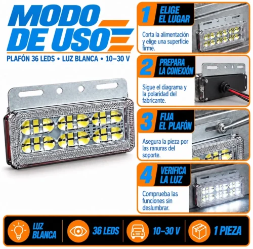 PLAFON CUADRADO 36 LEDS CON GEL MULTIFUNCIONES 10-30V BLANCO 12.5 X 10 CM (PIEZA)