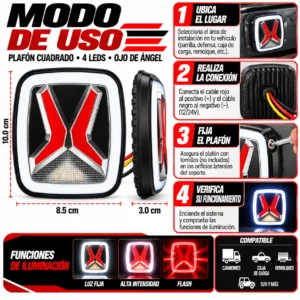 LA-PCGJ4-3 PLAFON CUADRADO CON OJO DE ANGEL 4 LEDS TIPO JEEP 12/24V MULTIFUNCIONES