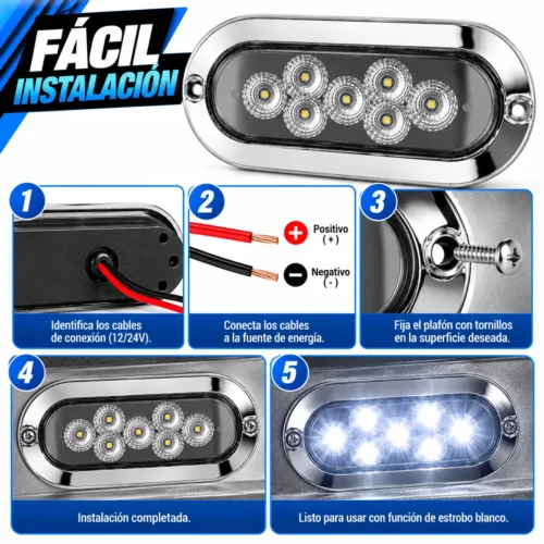 PLAFON OVALADO CON 7 LEDS, BISEL CROMADO, CON FUNCIÓN DE ESTROBO BLANCO