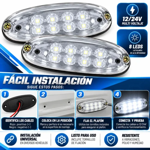 PLAFON OVALADO REDONDO 8 LEDS 12/24  BLANCO 11.2 x 4 cms (PAR)