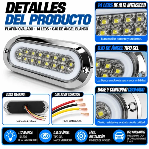 PLAFÓN OVALADO 14 LEDS C/ OJO DE ÁNGEL TIPO GEL BLANCO 16.5 X 6.5 CMS