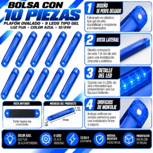 PLAFON OVALADO CON 9 LEDS TIPO GEL DE PLASTICO CON FUNCIONES DE LUZ FIJA  AZUL 10 X 1.6 CM X 1.6 CM. 10 PIEZAS POR BOLSA (BOLSA 10 PZA)