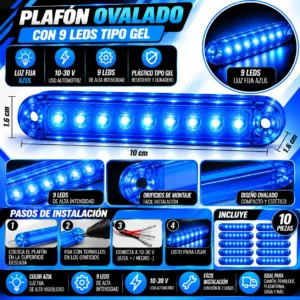 PLAFON OVALADO CON 9 LEDS TIPO GEL DE PLASTICO CON FUNCIONES DE LUZ FIJA  AZUL 10 X 1.6 CM X 1.6 CM. 10 PIEZAS POR BOLSA (BOLSA 10 PZA)