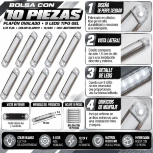 PLAFON OVALADO CON 9 LEDS TIPO GEL DE PLASTICO CON FUNCIONES DE LUZ FIJA BLANCO 10 X 1.6 CM X 1.6 CM. 10 PIEZAS POR BOLSA. (BOLSA 10 PZA)