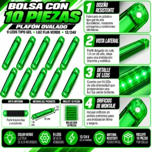 PLAFON OVALADO CON 9 LEDS TIPO GEL DE PLASTICO CON FUNCIONES DE LUZ FIJA VERDE 10 X 1.6 CM X 1.6 CM. 10 PIEZAS POR BOLSA (BOLSA 10 PZA)