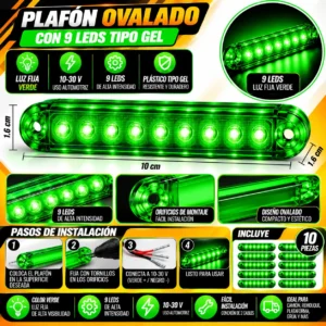 PLAFON OVALADO CON 9 LEDS TIPO GEL DE PLASTICO CON FUNCIONES DE LUZ FIJA VERDE 10 X 1.6 CM X 1.6 CM. 10 PIEZAS POR BOLSA (BOLSA 10 PZA)