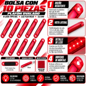 PLAFON OVALADO CON 9 LEDS TIPO GEL DE PLASTICO CON FUNCIONES DE LUZ FIJA ROJO 10 X 1.6 CM X 1.6 CM. 10 PIEZAS POR BOLSA. (BOLSA 10 PZA)