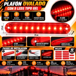 PLAFON OVALADO CON 9 LEDS TIPO GEL DE PLASTICO CON FUNCIONES DE LUZ FIJA ROJO 10 X 1.6 CM X 1.6 CM. 10 PIEZAS POR BOLSA. (BOLSA 10 PZA)