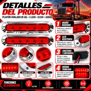 PLAFON OVALADO DE GEL 5 LEDS 12/24 R 16.5 x 6.5 cms (JUEGO)